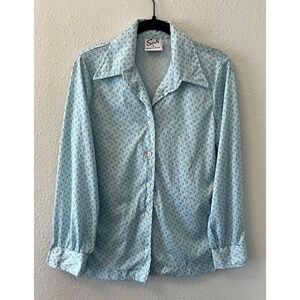 Vintage 70's Button Up Shirt Women's 18 Sodi Miami Blue Disco Dagger Collar